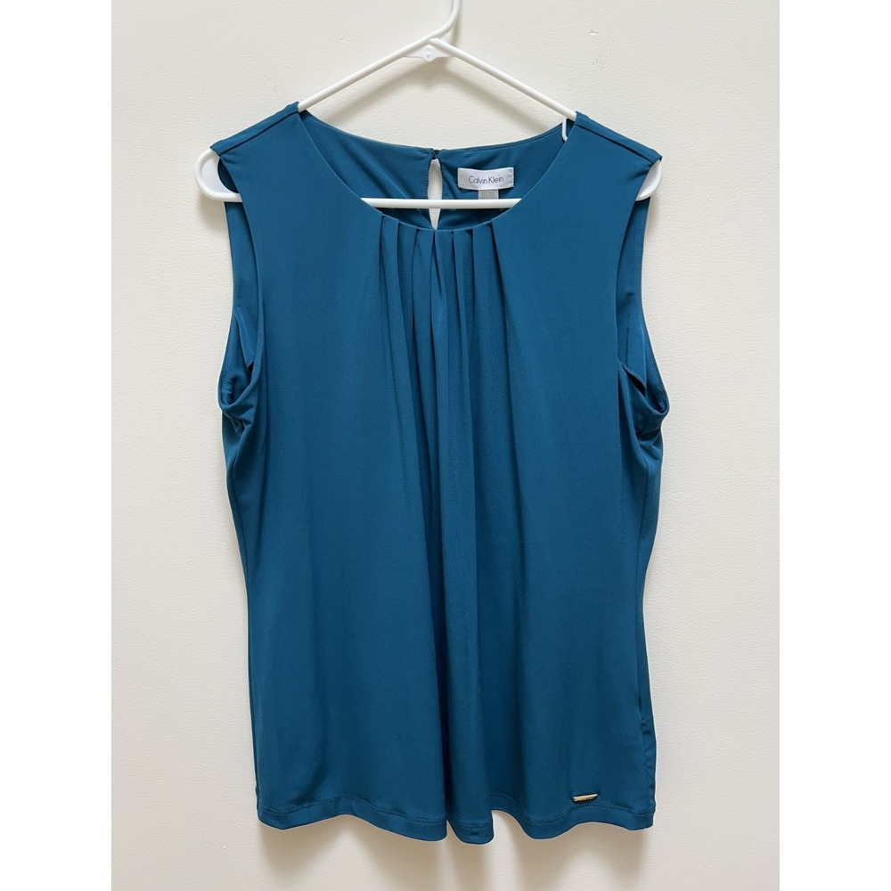 Calvin Klein Womens knit top pleated neckline Green slinky extra button NWT